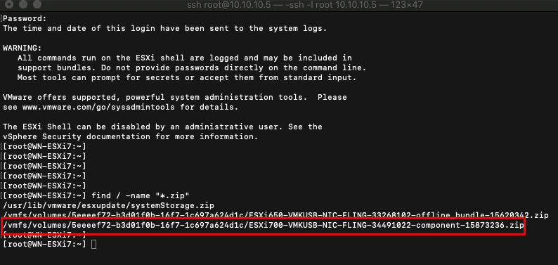 ssh root@10.10.10.5 — -ssh -l root 10.10.10.5 — 123x4 
[Password: 
The time and date of this login have been sent to the system logs. 
WARNING: 
All commands run on the ESXi shell are logged and may be included in 
support bundles. Do not provide passwords directly on the command line. 
Most tools can prompt for secrets or accept them from standard input. 
VMware offers supported, powerful system administration tools. 
Please 
see www.vmware.com/go/sysadmintools for details. 
The Shell can be disabled by an administrative user. See the 
vSphere Security documentation for more information. 
[(root@WN-ESXi7:-] 
[ [ root@WN 
root@WN 
[[root@WN 
-ESXi7:-] 
-ESXi7:-] 
-ESXi7:-] 